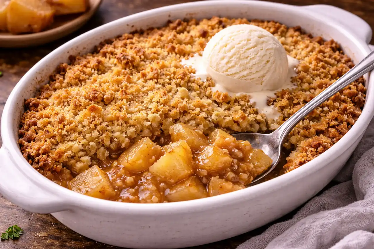 Тёплый британский десерт из запечённых яблок под рассыпчатой масляной крошкой.