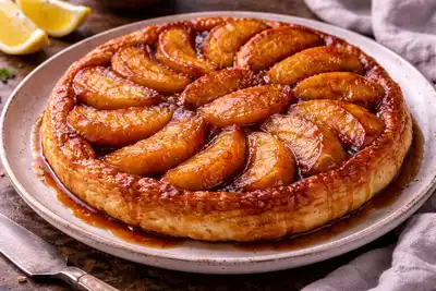 Французский перевернутый яблочный тарт с карамелью, хрустящим тестом и насыщенным фруктовым вкусом.