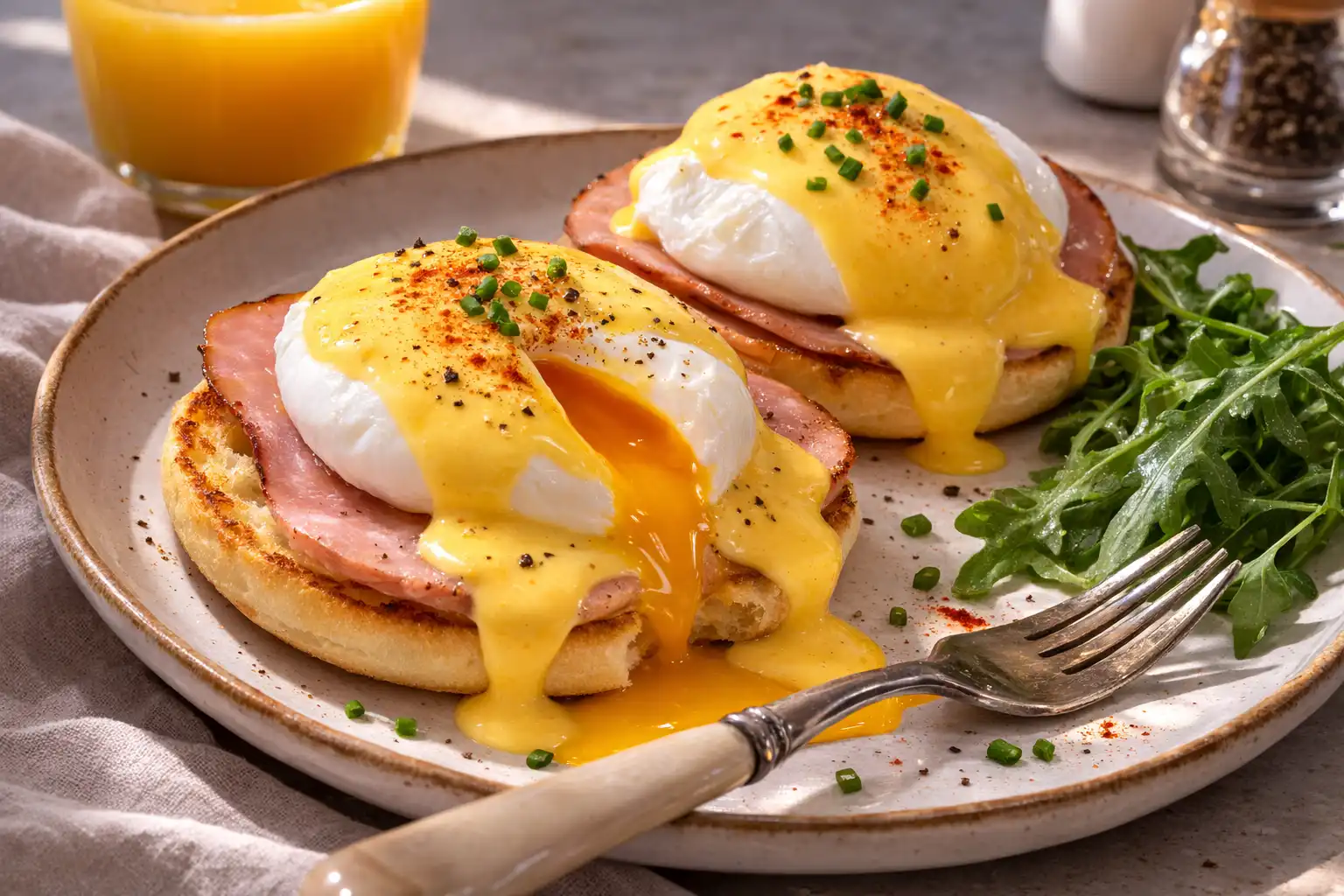Классический американский завтрак с яйцами пашот, ветчиной и голландским соусом на поджаренной булочке.