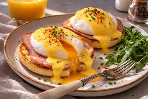 Классический американский завтрак с яйцами пашот, ветчиной и голландским соусом на поджаренной булочке.