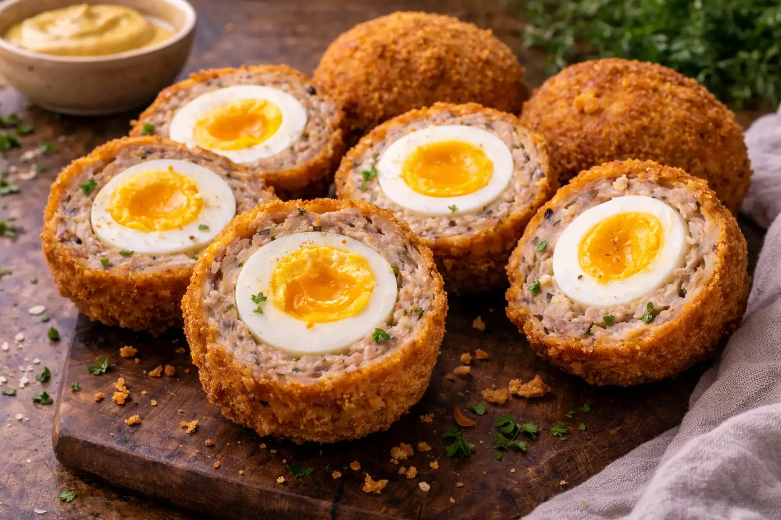 Хрустящая британская закуска из варёных яиц в мясной оболочке с золотистой панировкой.