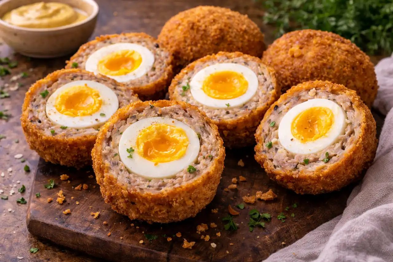 Хрустящая британская закуска из варёных яиц в мясной оболочке с золотистой панировкой.