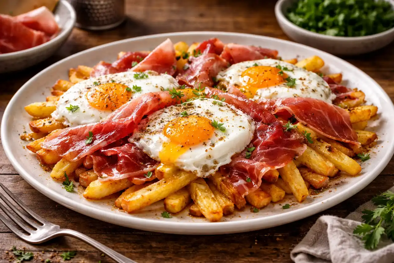 Испанское блюдо из жареного картофеля, яиц с жидким желтком и тонко нарезанного хамона.