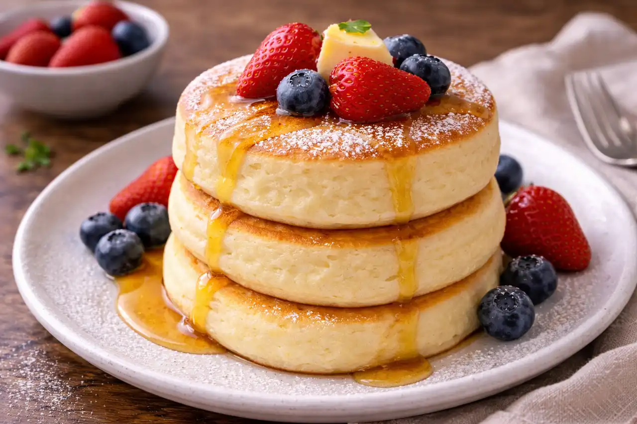 Воздушные японские панкейки-суфле с нежной текстурой и лёгкой ванильной сладостью.