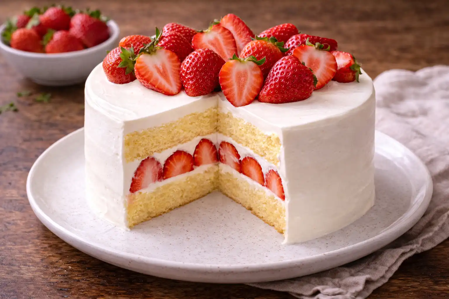 Нежный японский бисквитный торт со взбитыми сливками и свежей клубникой.