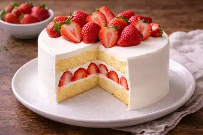 Нежный японский бисквитный торт со взбитыми сливками и свежей клубникой.
