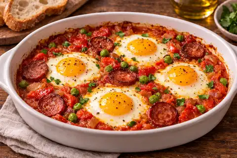 Запечённые яйца в пряном томатно-овощном соусе с чоризо и зелёным горошком в андалусском стиле.