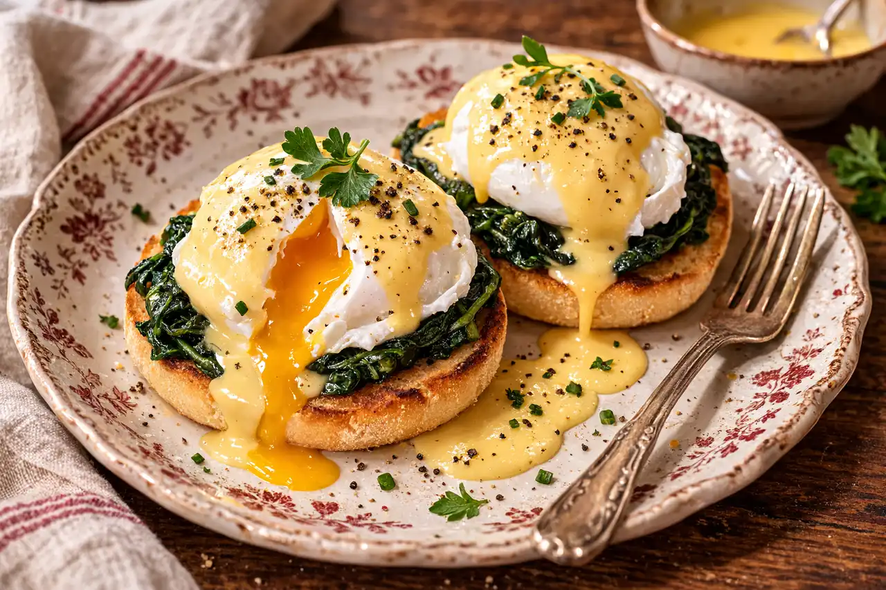 Нежные яйца пашот со шпинатом и голландским соусом на поджаренном хлебе в классическом бранч-стиле.