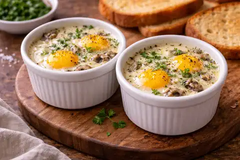 Французские запечённые яйца в порционных формочках со сливками, шампиньонами и нежной сырной корочкой.