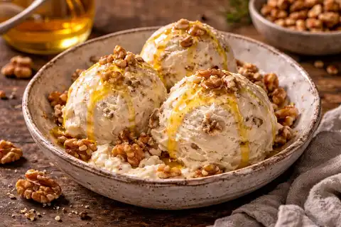 Нежное греческое мороженое на йогурте с медовой сладостью и хрустящими грецкими орехами.