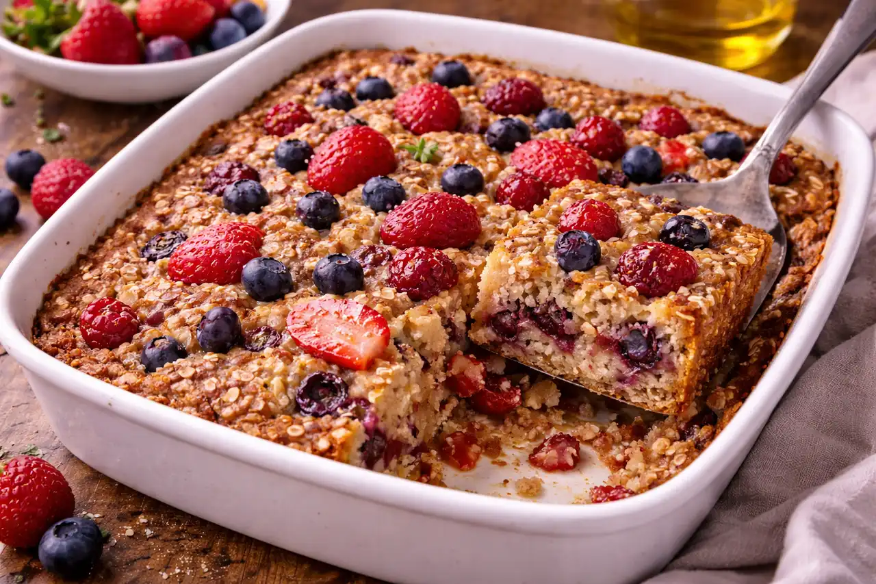 Сытная запеченная овсянка с ягодами и корицей для удобного горячего завтрака.