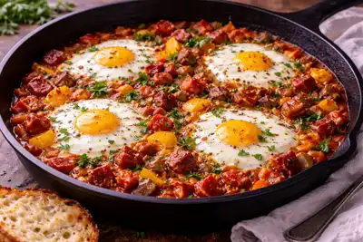 Яйца, запечённые в томатно‑перечной сальсе с чоризо и паприкой.