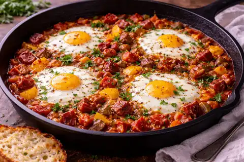 Яйца, запечённые в томатно‑перечной сальсе с чоризо и паприкой.