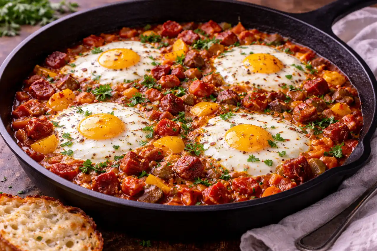 Яйца, запечённые в томатно‑перечной сальсе с чоризо и паприкой.