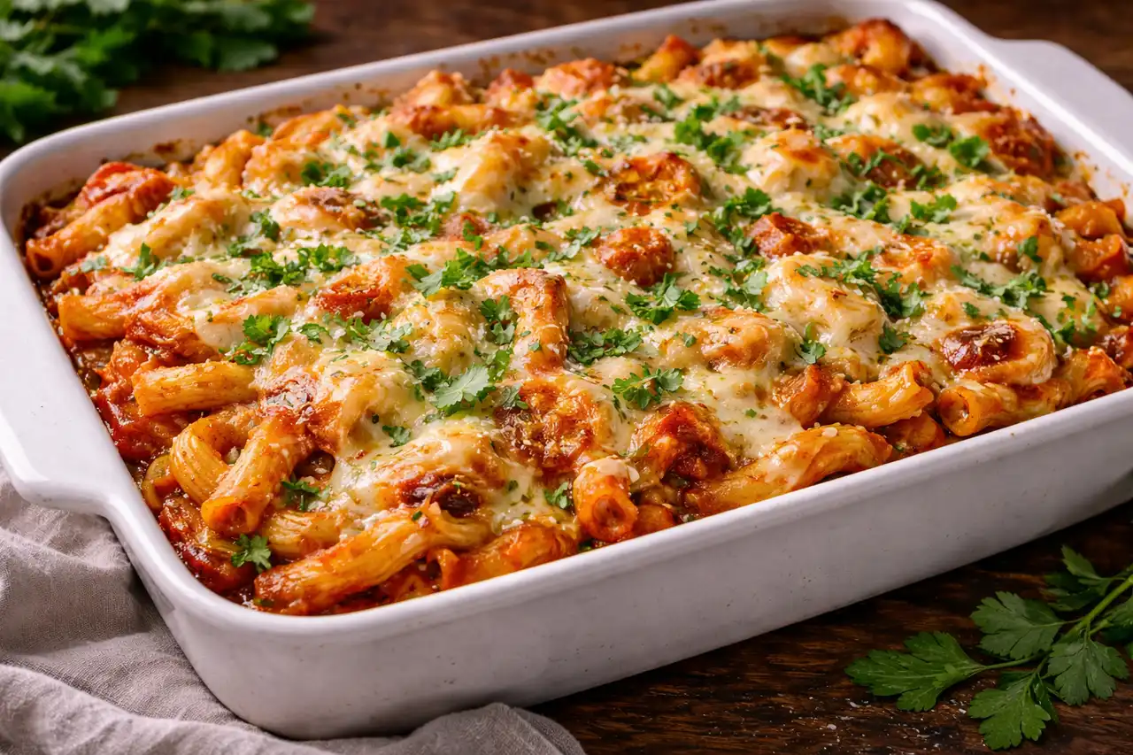 Сытная итало-американская запеканка из пасты зити в томатном соусе с рикоттой, моцареллой и пармезаном.