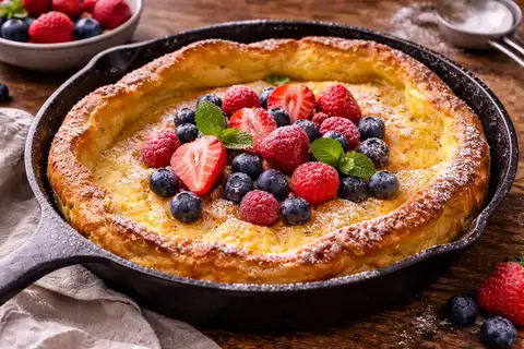 Пышный запечённый панкейк с хрустящими краями и нежной серединой, который подают горячим прямо из формы.