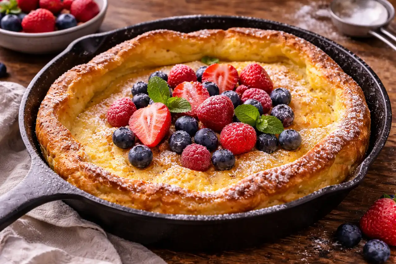 Пышный запечённый панкейк с хрустящими краями и нежной серединой, который подают горячим прямо из формы.