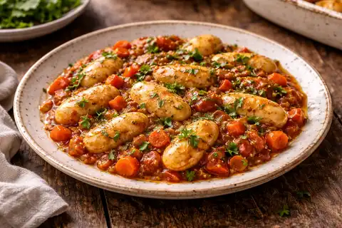 Запечённая крупная фасоль в томатно-овощном соусе с оливковым маслом и травами.