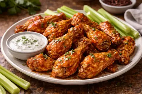 Хрустящие запечённые куриные крылья в классическом остром соусе баффало.