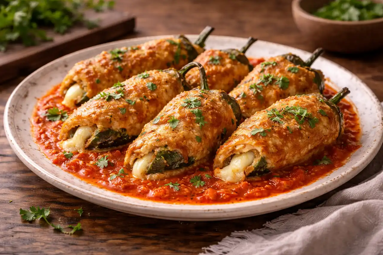 Запечённые и обжаренные перцы поблано с сырной начинкой в ароматном томатном соусе.