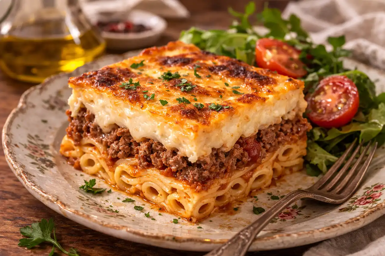 Слоёная греческая запеканка из пасты, мясного соуса с томатами и нежного бешамеля.