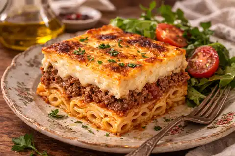 Слоёная греческая запеканка из пасты, мясного соуса с томатами и нежного бешамеля.