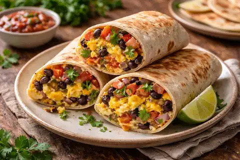 Сытный мексиканский буррито на завтрак с омлетной начинкой, фасолью, сыром и свежей сальсой.