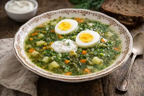 Лёгкий весенний суп на щавеле с картофелем, морковью, зеленью и отварным яйцом.