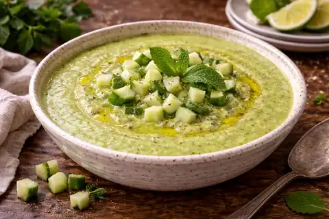 Освежающий холодный суп из огурца, авокадо и зелени с мягкой кремовой текстурой и яркой кислотностью лайма.