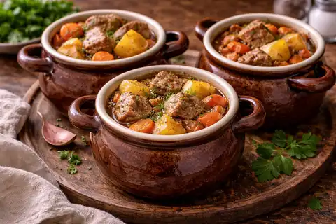 Жаркое с мягкими кусочками свинины, картофелем, морковью и насыщенным луково-томатным соусом.